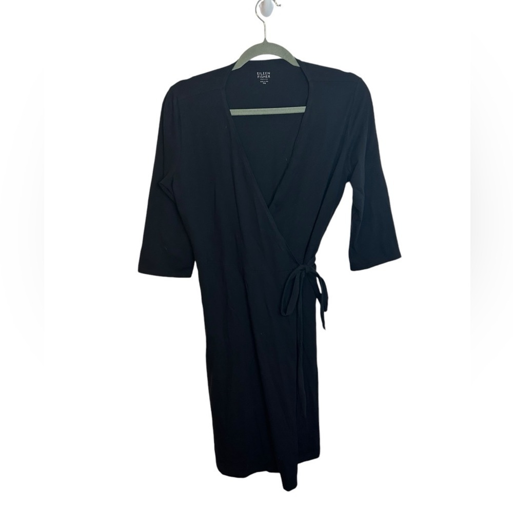 Eileen Fisher Black Cotton 3/4 Sleeve Wrap Dress